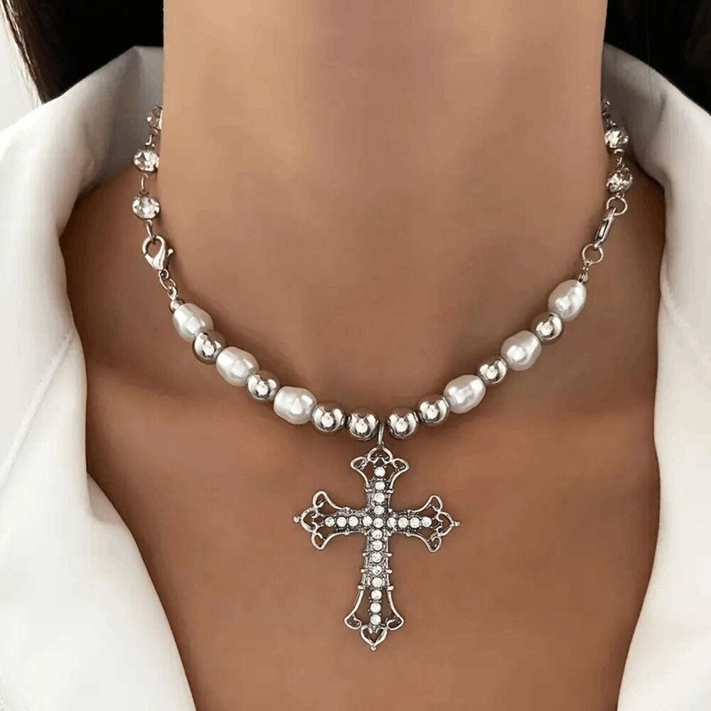 Western Boho Pearl Diamond Stainless Steel Cross Pendant Choker Necklace